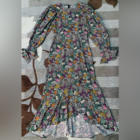 ASOS I TopShop Whimsical Floral Maxi Dress Long Puff Sleeves w Wrist Ties - Picture 3 of 11